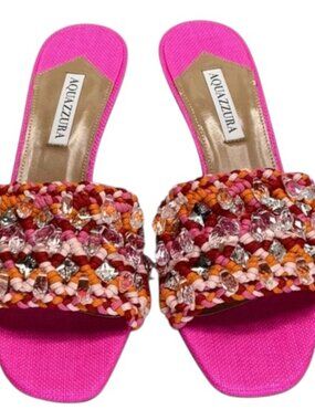 NEW AQUAZZURA Women’s Crystal Cote Mule Sandals  Bright Pink Size 10.5 Crocheted